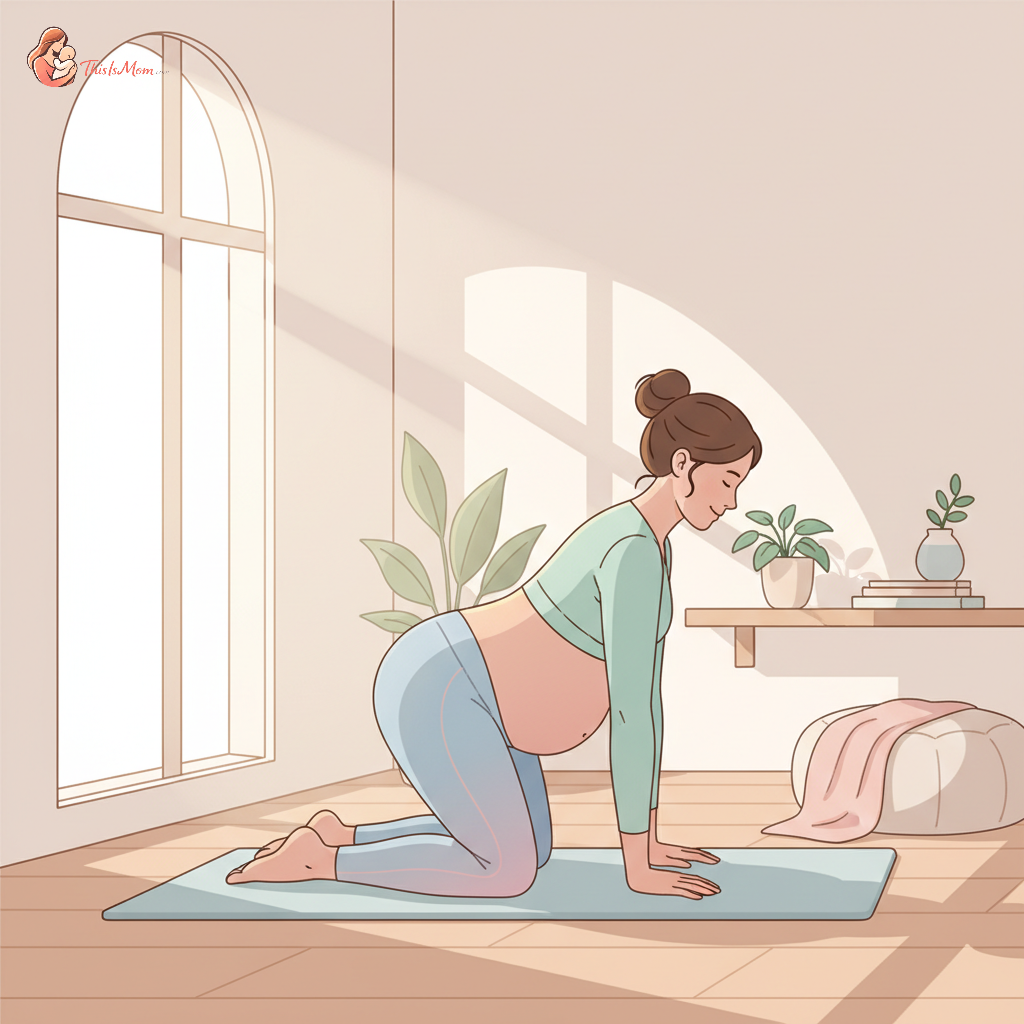 Pregnant woman demonstrating a gentle pelvic tilt exercise on hands and knees, with soft lighting from a window. Focus on gentle movement and comfort.