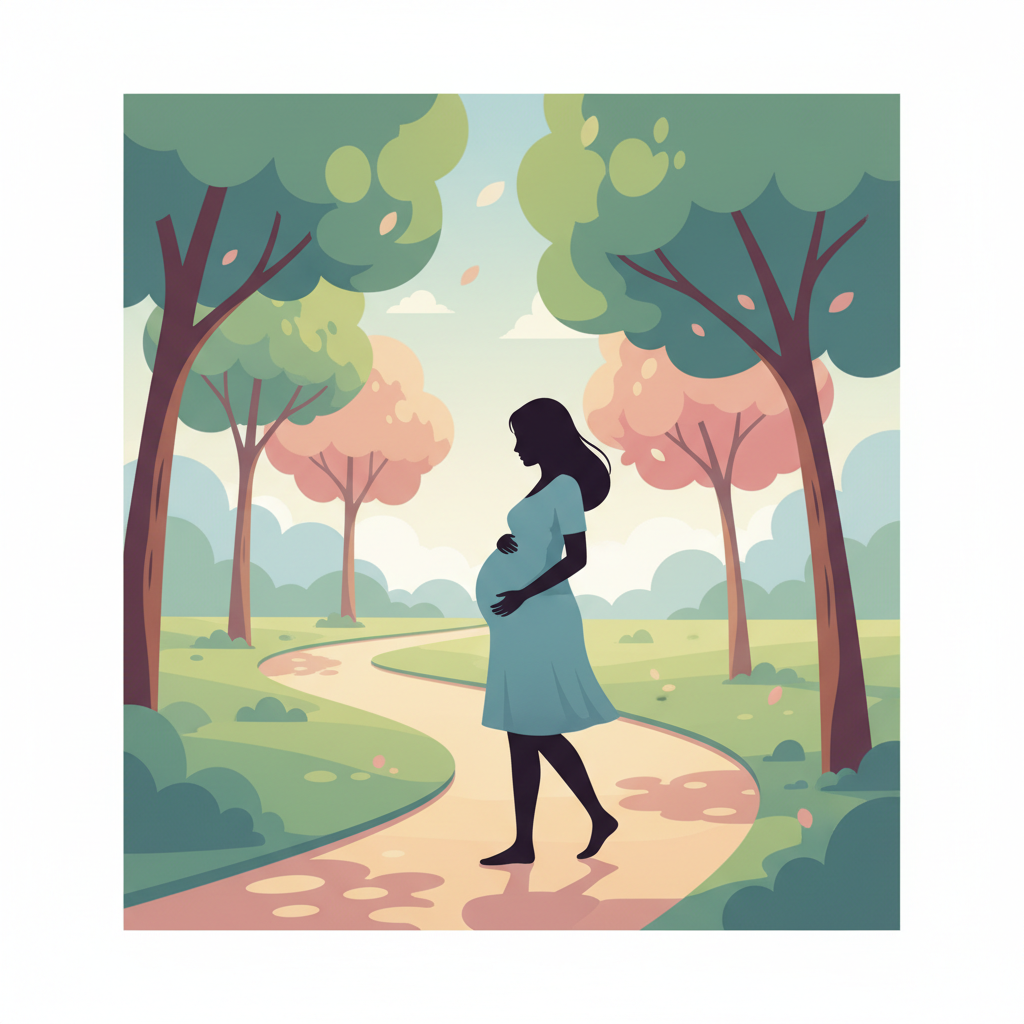 A heavily pregnant woman walking outdoors on a sunny day, looking peaceful.
