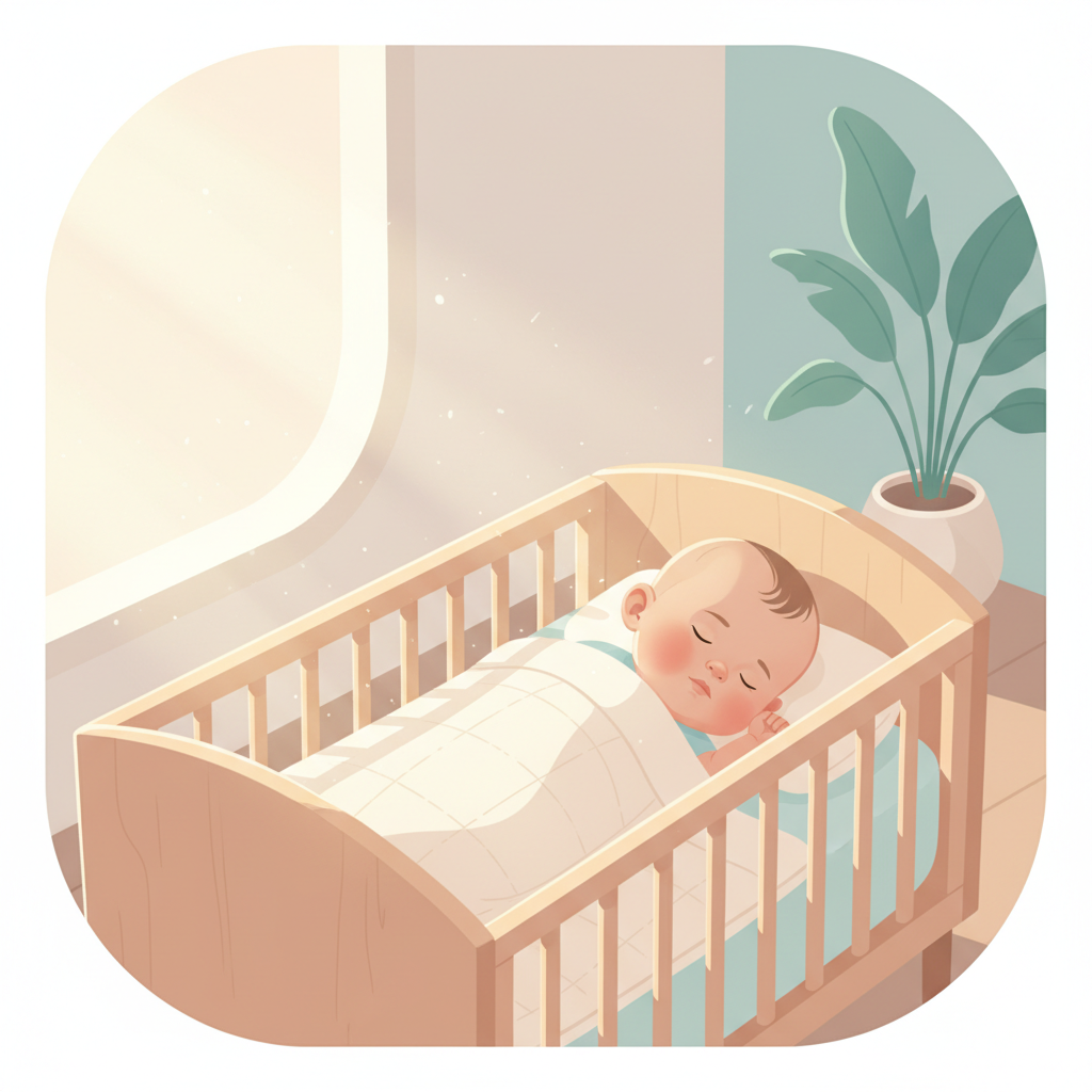 An 8-month-old baby peacefully sleeping in a crib with soft light, symbolizing a successful nap transition.