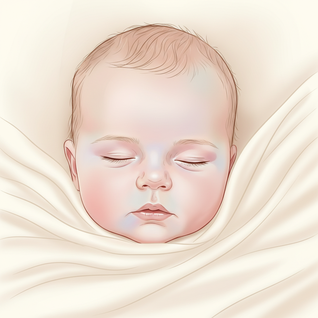 A peaceful close-up of a baby's face, gently falling asleep against a soft, clean white or light-colored baby blanket, with natural light on their face. The baby looks calm and serene.