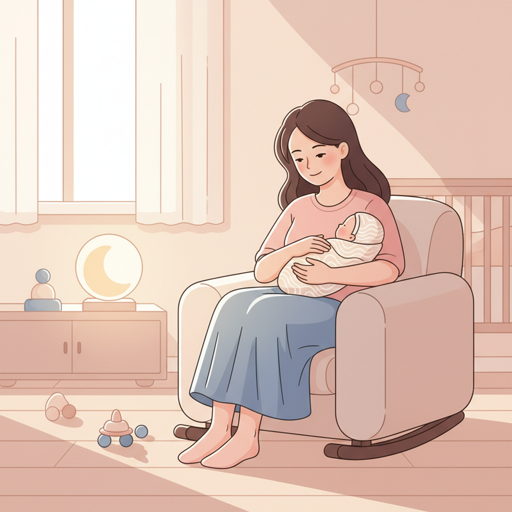 A tired but loving parent gently rocking their baby in a dimly lit nursery during the night. The baby is calm, nestled against the parent's chest.
