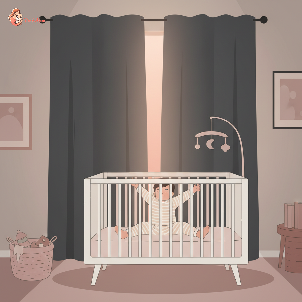 A peaceful toddler stretching in a dimmed, cozy bedroom with blackout curtains, suggesting a calm morning after a full night's sleep.