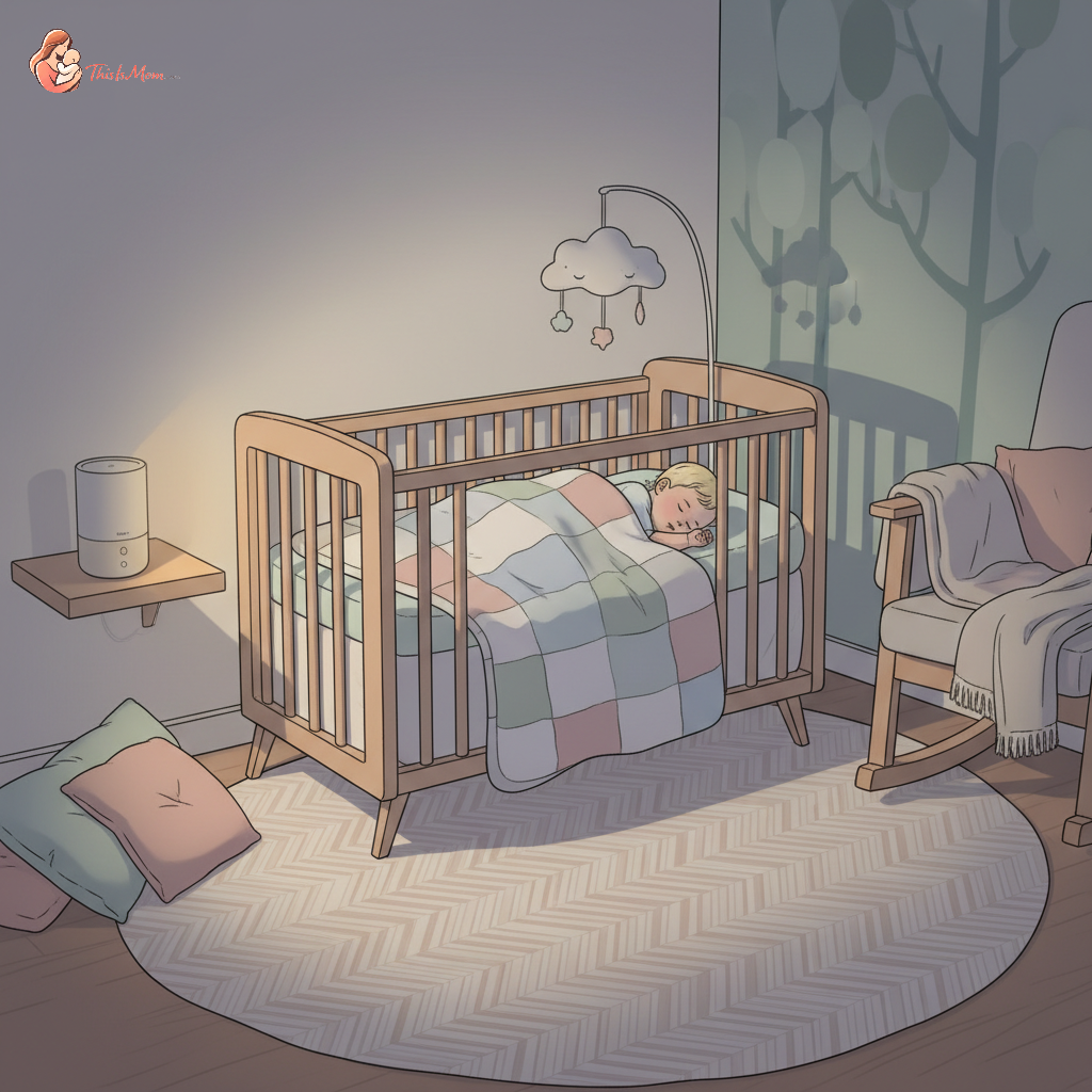 A peaceful 5-month-old baby sleeping soundly in a dark, cozy crib with a white noise machine softly glowing.