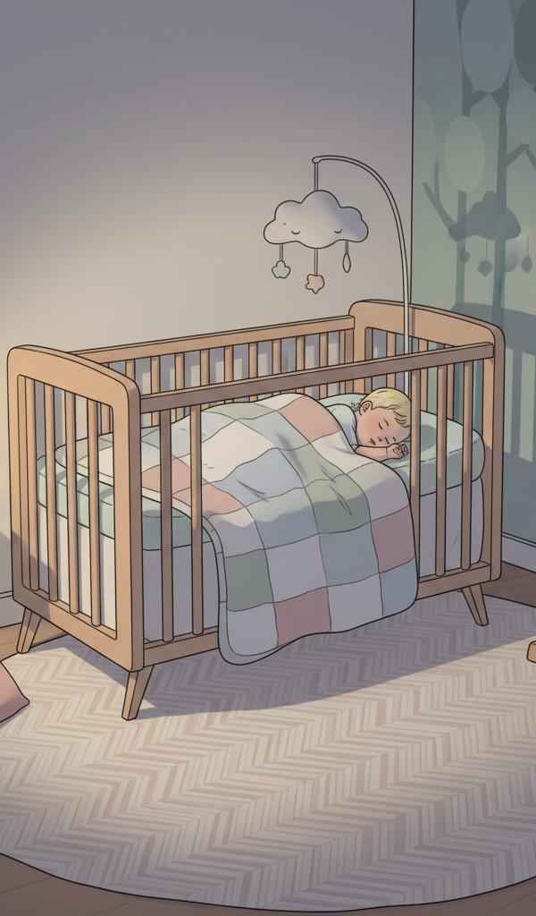 A peaceful 5-month-old baby sleeping soundly in a dark, cozy crib with a white noise machine softly glowing.