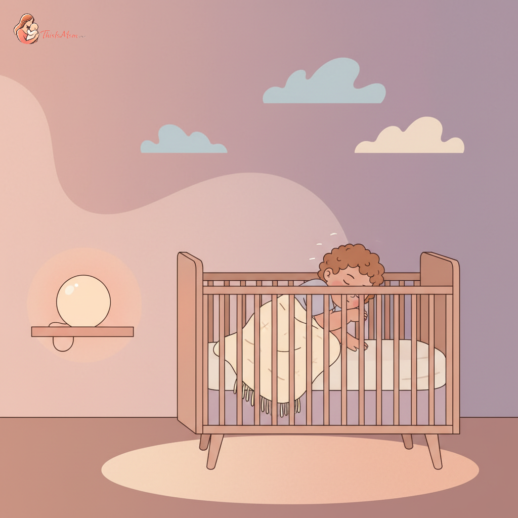 A peaceful scene of a sleeping toddler in a crib, with a soft nightlight glowing gently in the background, representing gentle night weaning.