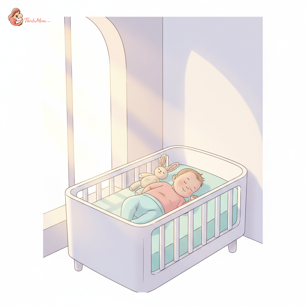 A peaceful baby sleeping soundly in a crib with no pacifier, bathed in soft, warm light, representing successful gentle pacifier weaning.