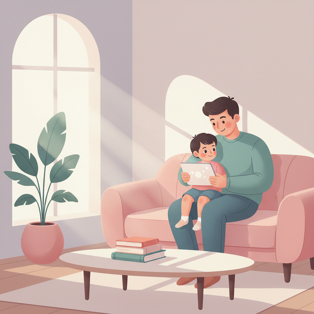 Parent and child calmly discussing screen time limits with a tablet nearby, emphasizing connection and empathy