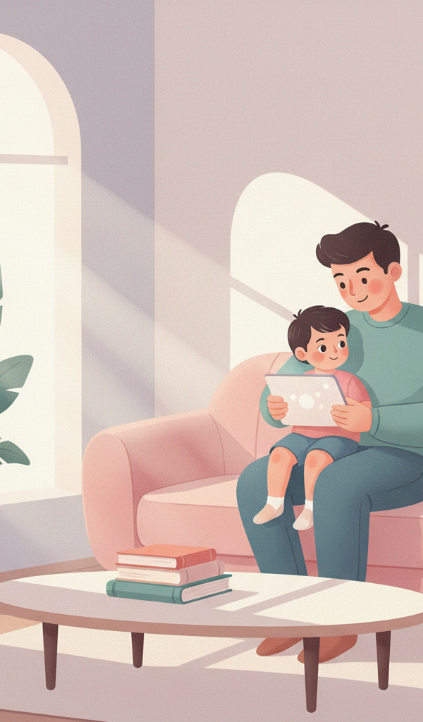 Parent and child calmly discussing screen time limits with a tablet nearby, emphasizing connection and empathy