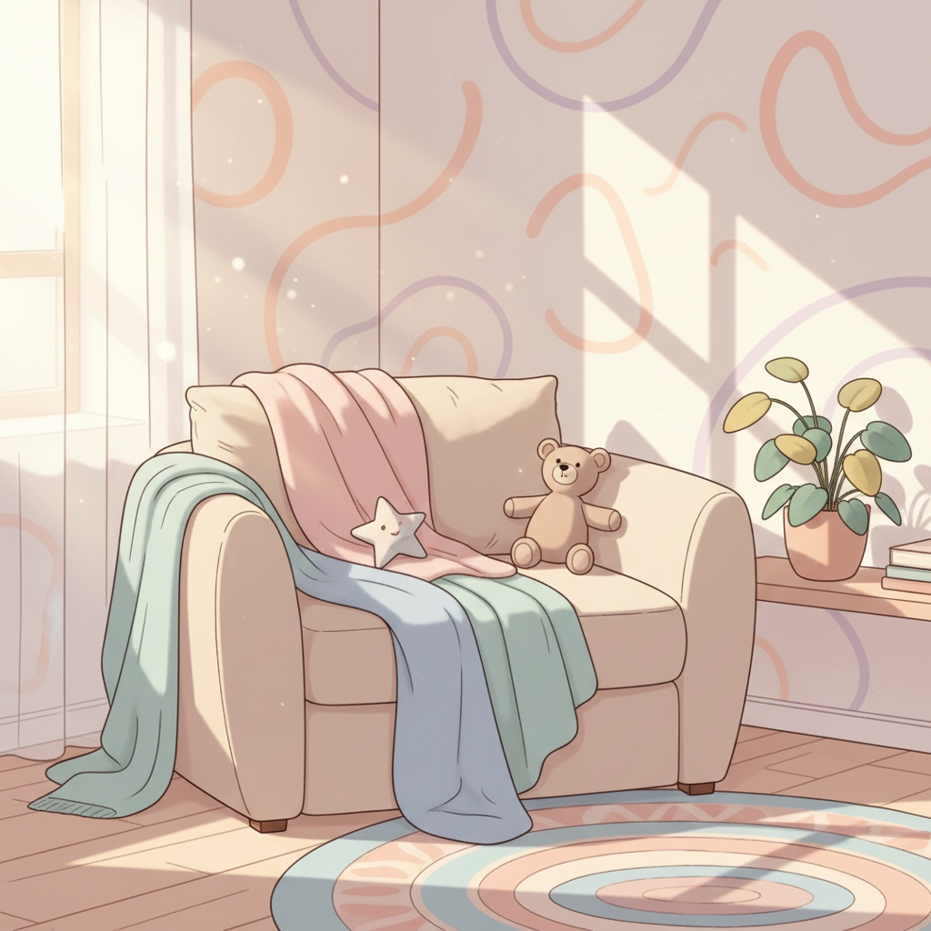 Parent and child sitting together in a cozy calm-down corner with soft blankets, promoting emotional regulation.