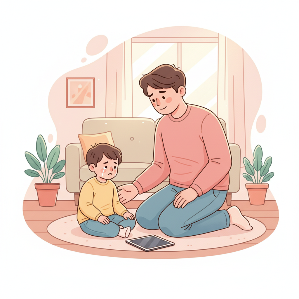 A parent gently comforting a young child who is having a screen time tantrum, with a tablet turned off nearby. The parent's face shows empathy and calm.