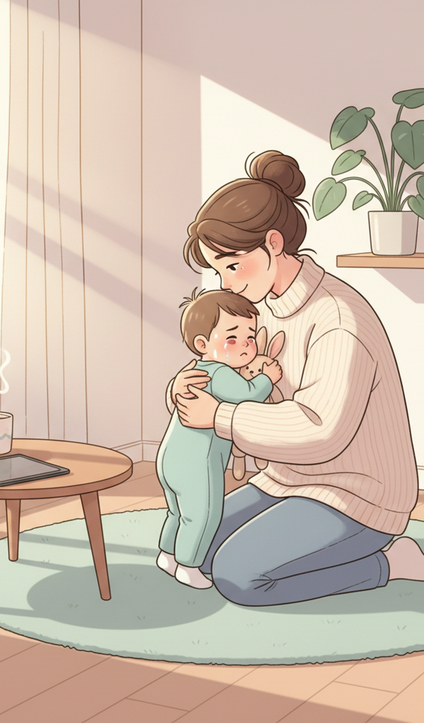 A parent calmly comforting a young child who is upset next to a turned-off tablet or TV, demonstrating connection and empathy during a screen time transition.