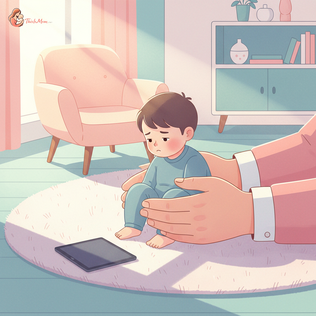 A parent gently comforting a young child who is upset after screen time, with a tablet visible but turned off nearby. Focus on connection and reassurance.