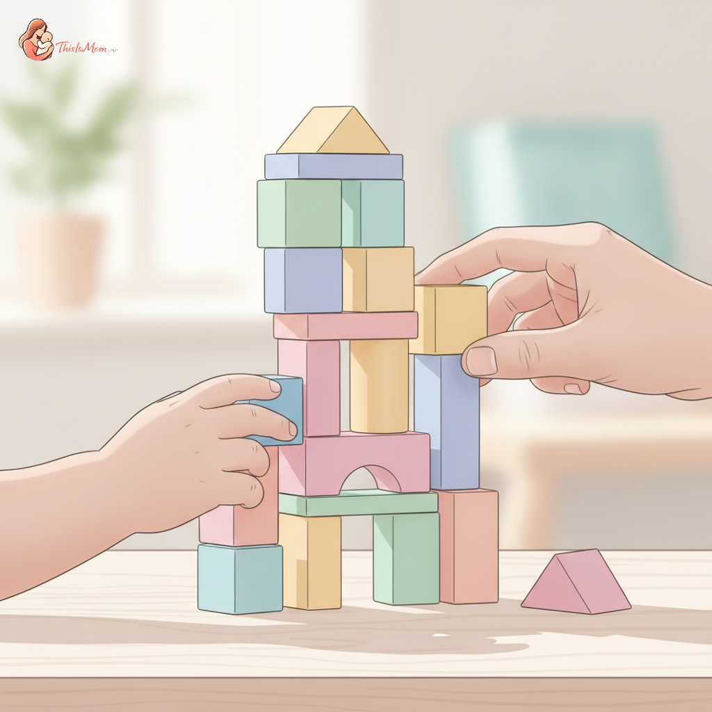 An adult hand gently guiding a child's hand while building with blocks, symbolizing gentle parenting and clear boundaries.