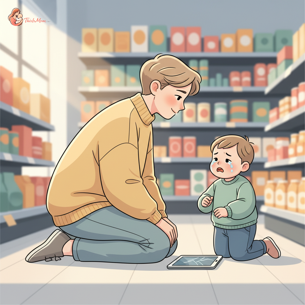 Parent calmly kneeling to connect with a protesting toddler holding a tablet in a busy public space like a grocery store aisle, others are blurred in the background