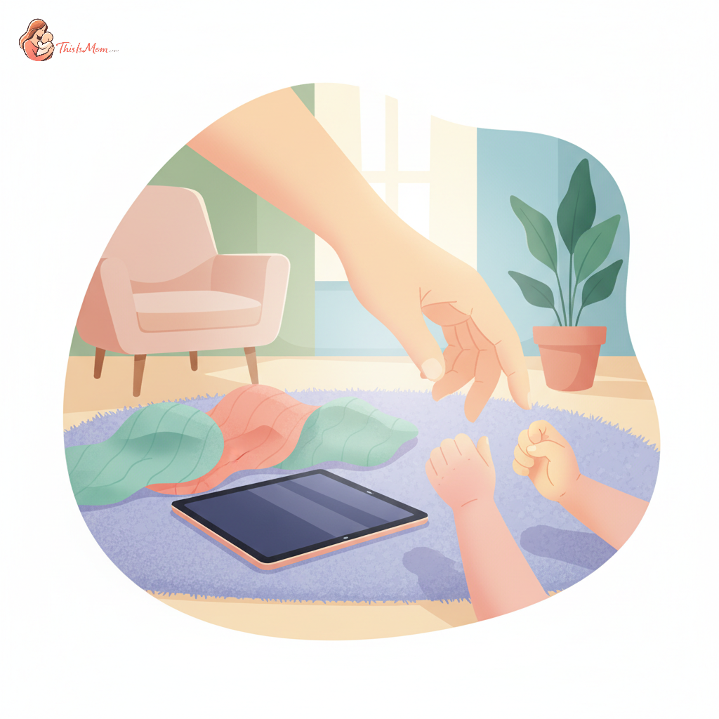 A parent gently holding their upset toddler's hand, while a tablet lies face down on a soft rug in the background, signaling the end of screen time.