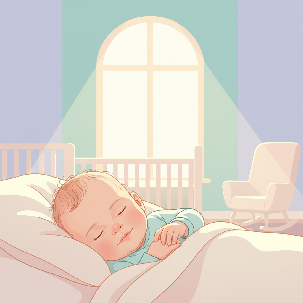 A peaceful 6-month-old baby sleeping soundly in a crib with a soft blanket, looking content.