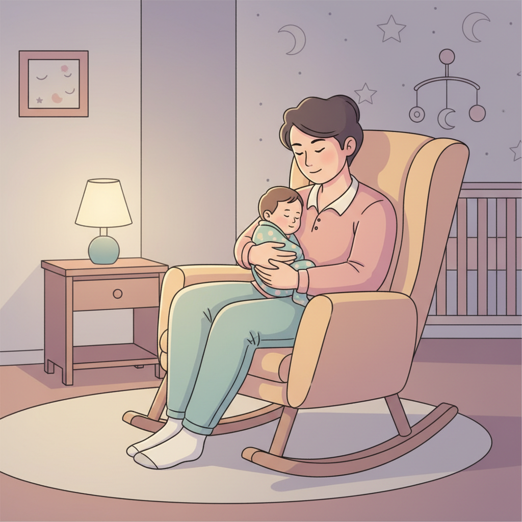 A tired, but loving parent gently rocking their baby to sleep in a dimly lit nursery, conveying peace and connection.