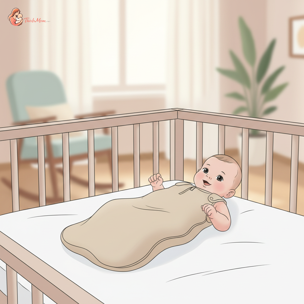 A baby wearing a sleep sack, happily awake and looking around in a safe, clear crib, perhaps with soft morning light filtering in.
