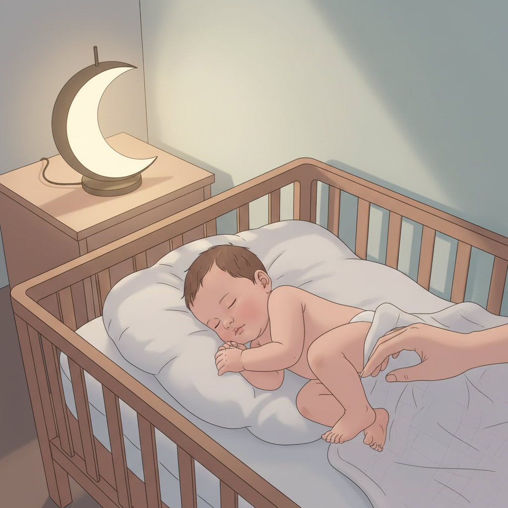 A parent gently nudging a sleeping baby's foot in a dimly lit nursery during a dream feed