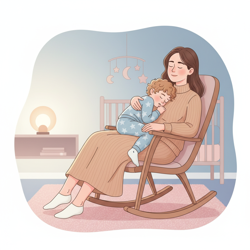 A calm mother gently comforting her older toddler in a dimly lit nursery during the night. The toddler is snuggled close but not nursing, perhaps with a soft blanket or favorite toy nearby, conveying a sense of peaceful transition.