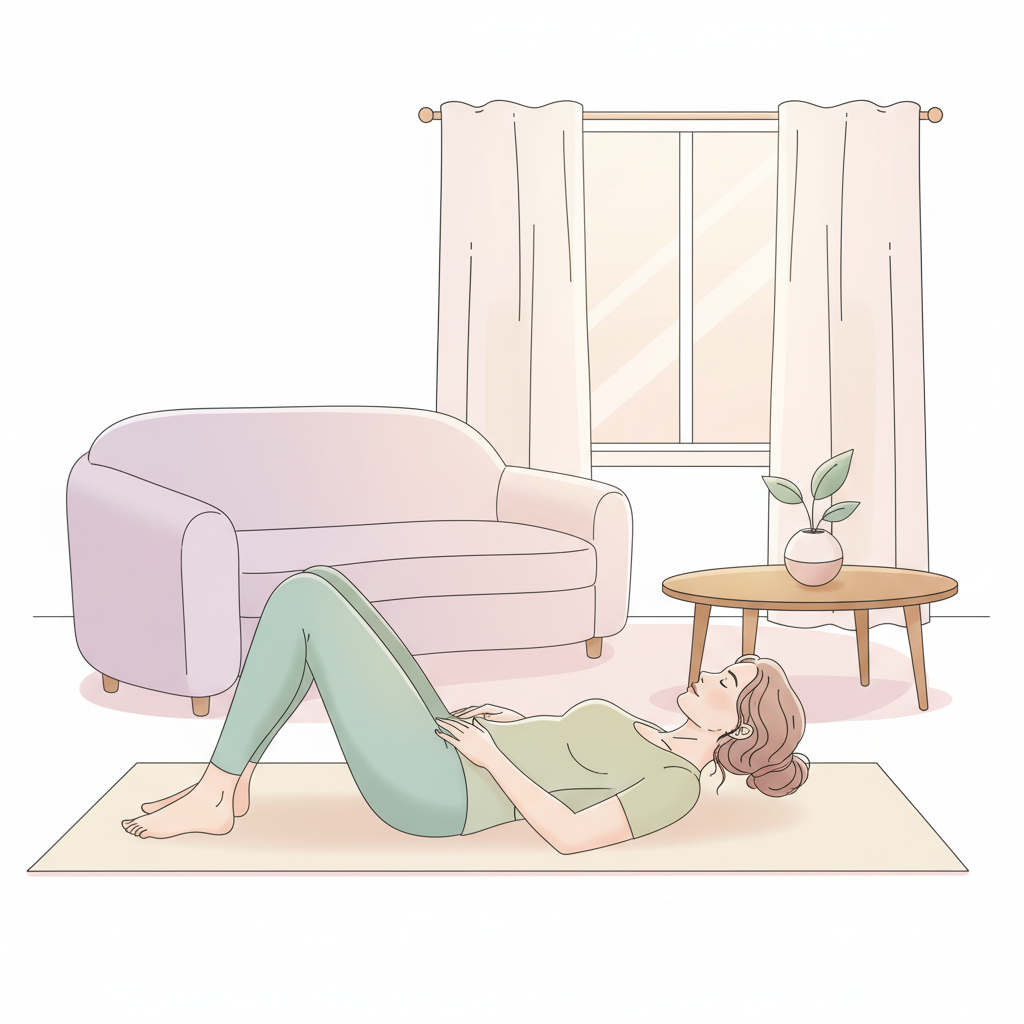 A calm, smiling new mother gently stretching on a yoga mat in a sunlit living room, holding her hands over her lower abdomen. She is performing a gentle postpartum exercise, looking peaceful and focused. Soft, warm lighting.