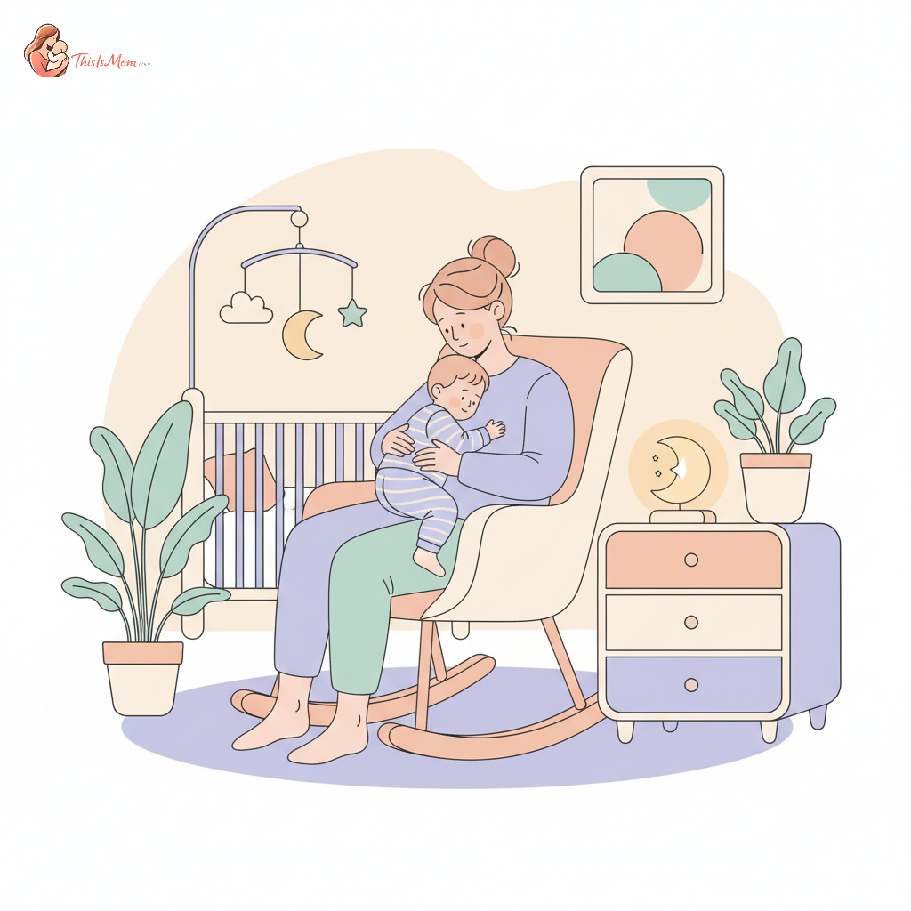 Mother gently comforting her 15-month-old toddler in a dimly lit nursery during the night, with a soft nightlight glowing.