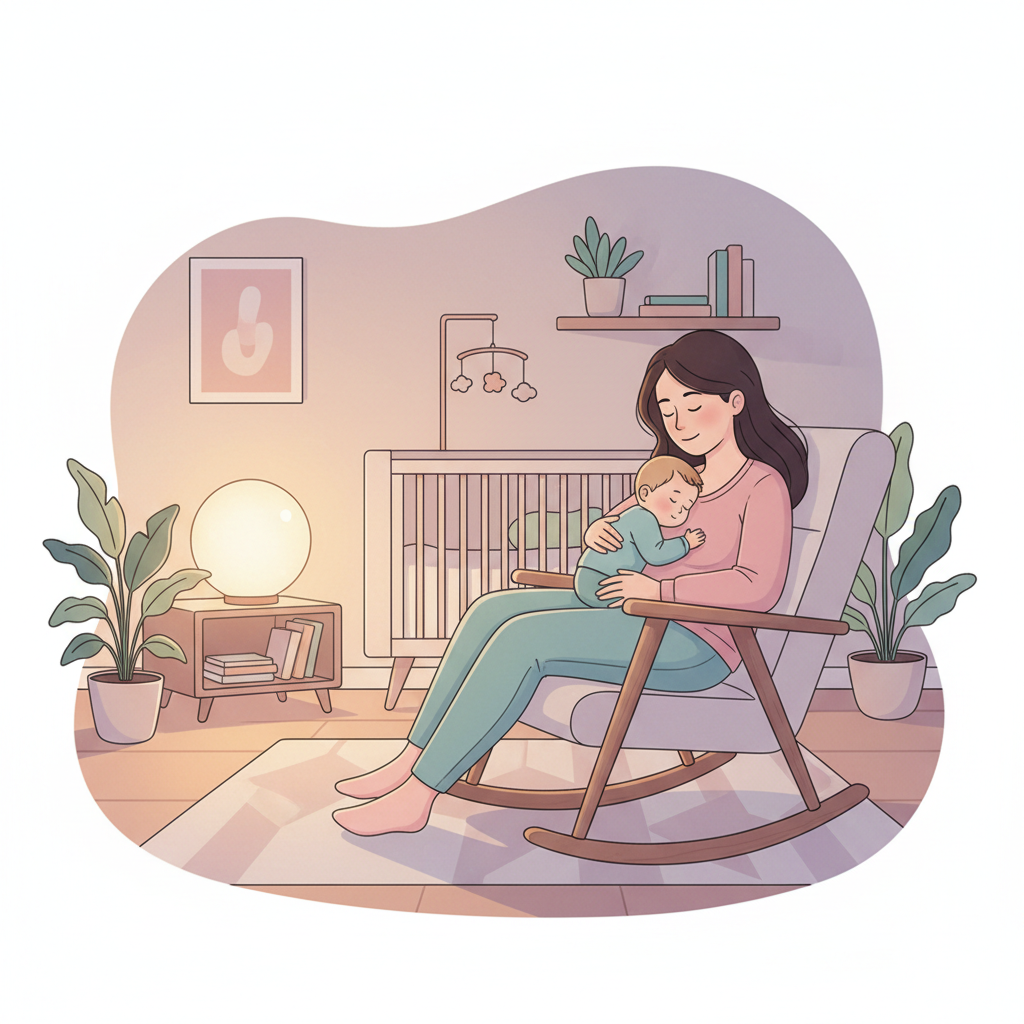 A calm mother gently rocking her 9-month-old baby in a softly lit nursery at night, both looking peaceful as the baby rests their head on her shoulder.