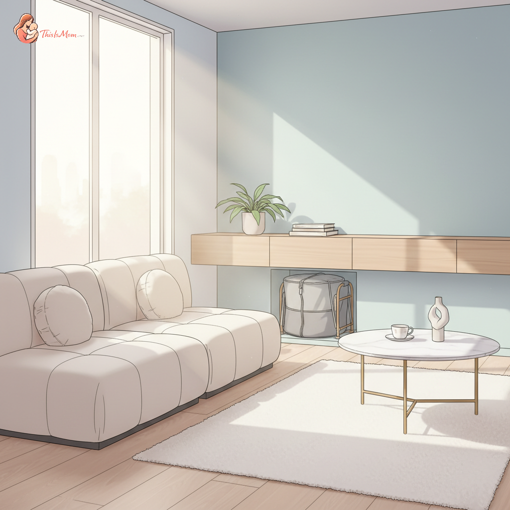 A compact, lightweight travel crib folded and stored neatly under a bed in a small, modern apartment living space.