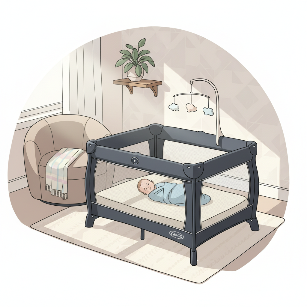 Close-up of a baby sleeping soundly on a firm, well-fitting mattress inside a portable playard.