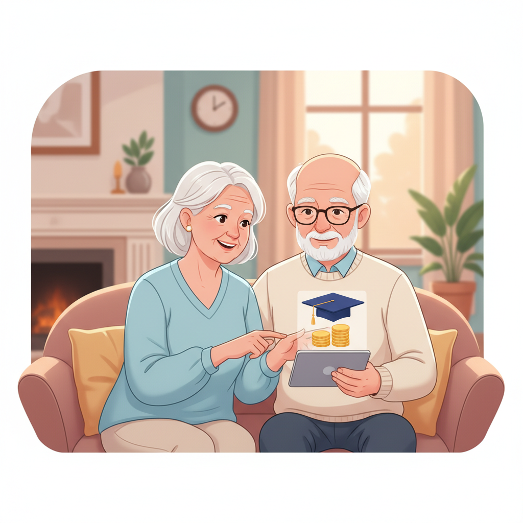 Grandfather and grandmother happily smiling while looking at a smart tablet showing a college graduation cap and a stack of money in a 529 plan graphic.
