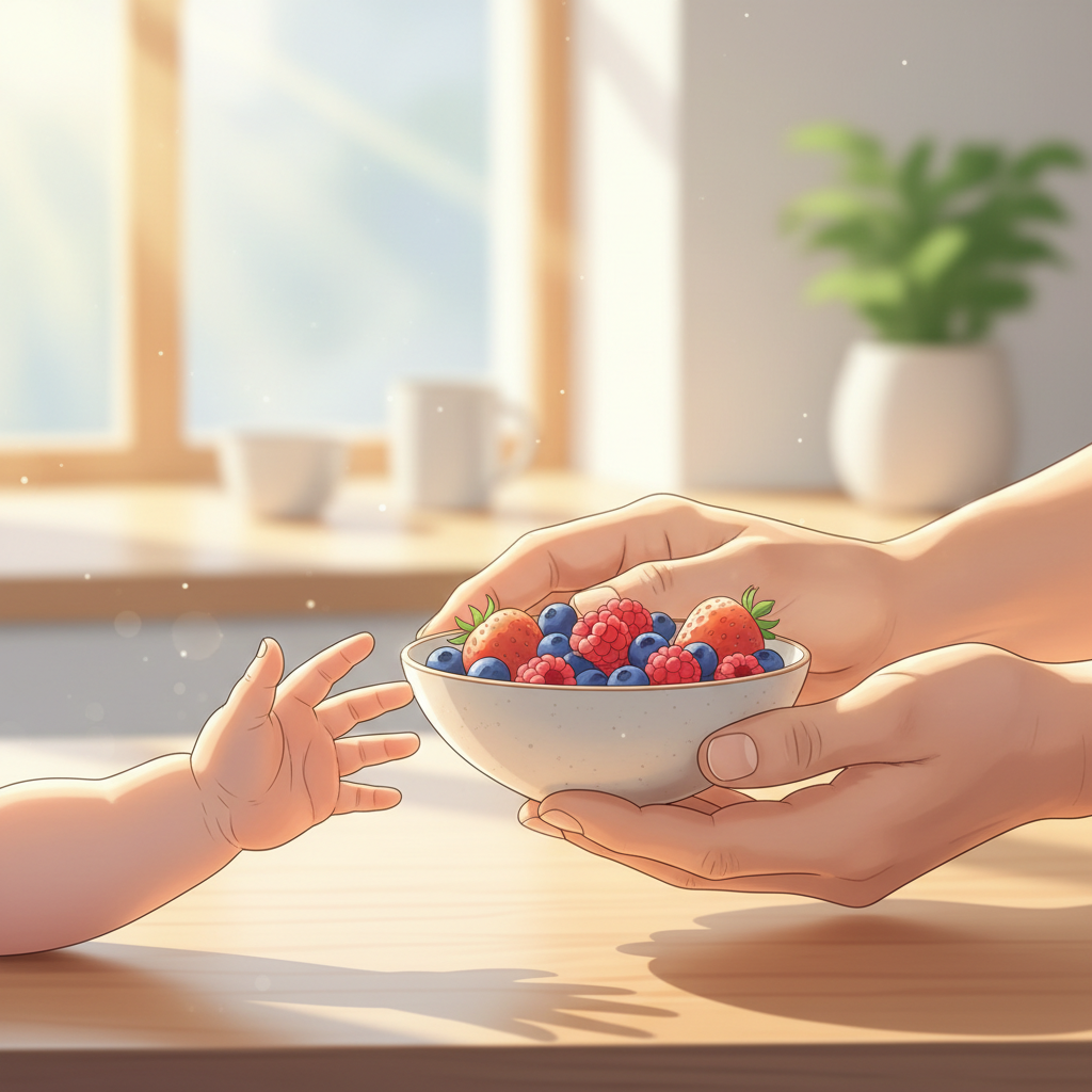 A grandmother gently offering a toddler a healthier snack option like fruit.
