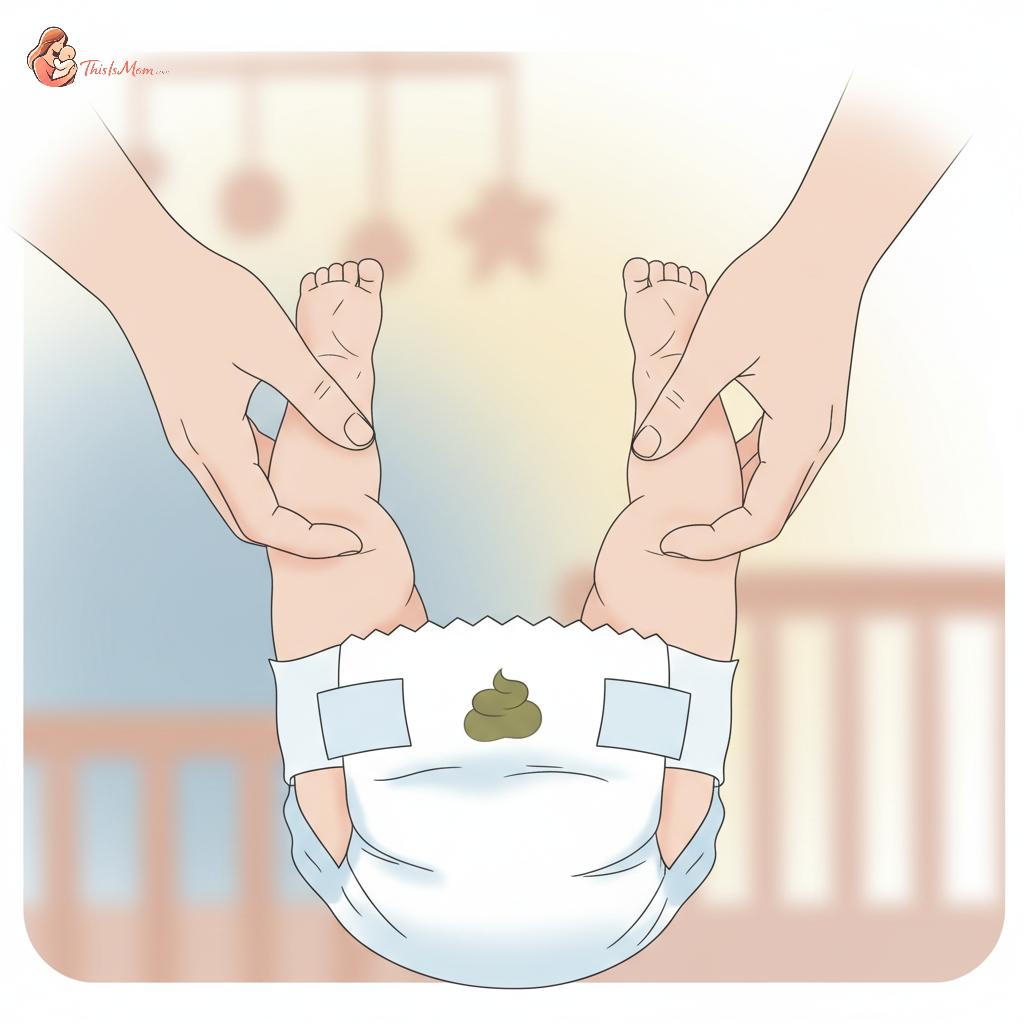 Close-up of a baby's diaper with a small amount of green stool, held by a parent's hand. The background is softly blurred.