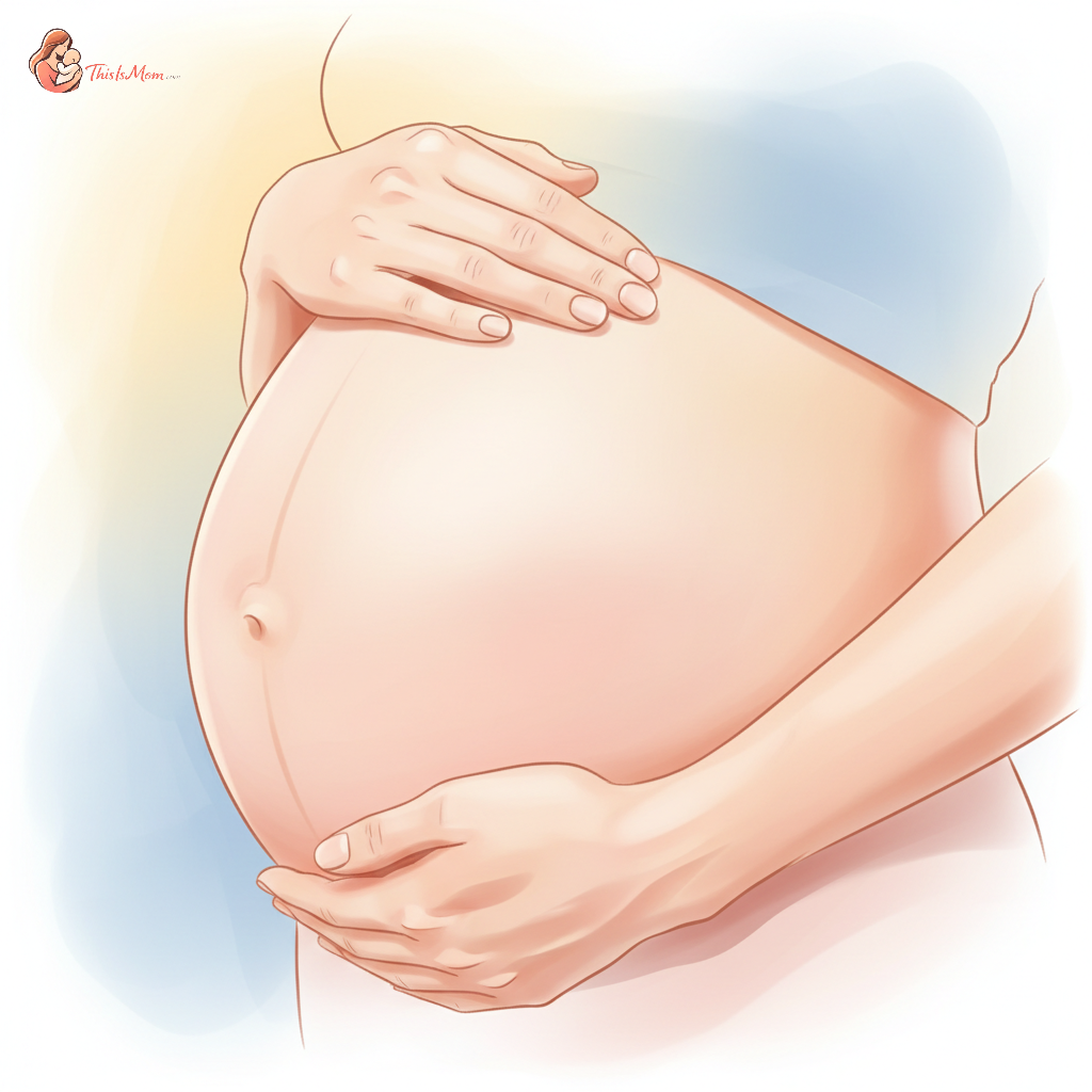 Pregnant woman's belly in soft focus with hands gently cradling it, symbolizing care and anticipation during pregnancy.