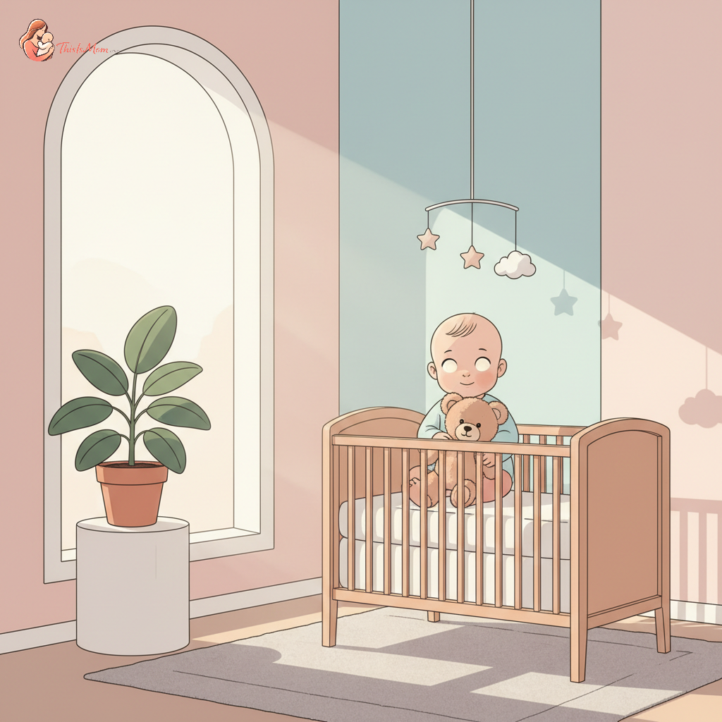 A tired, but alert 12-month-old baby sitting up in a crib, looking thoughtfully at a soft toy, with gentle morning light filtering into the room. The crib is clean and safe.