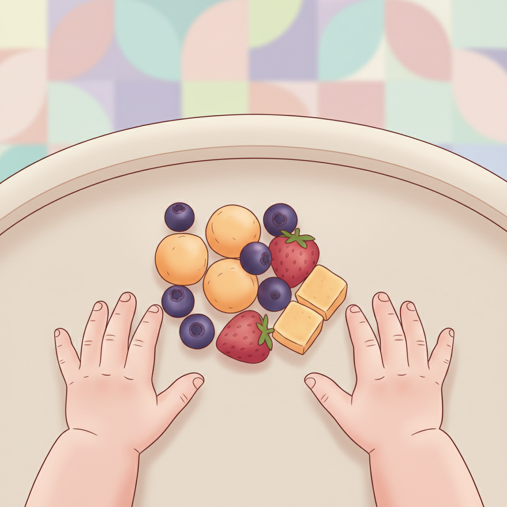 Baby looking curiously at a handful of soft, colorful fruit pieces on a high chair tray