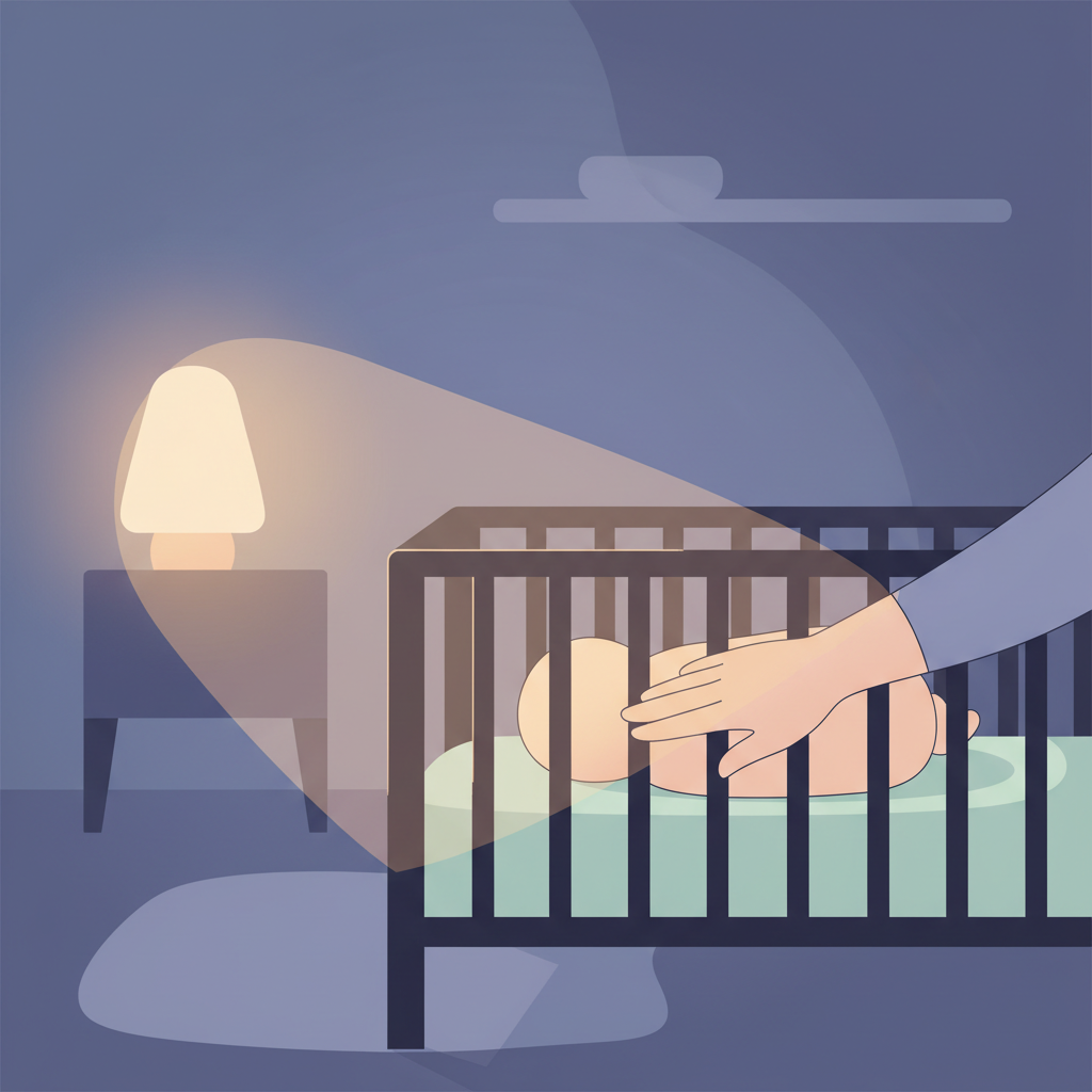 Exhausted parent gently comforting a baby in a crib during the nighttime, with a soft nightlight creating a warm glow in the background.