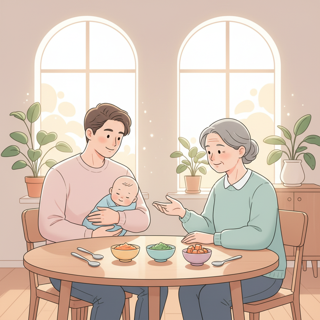 A calm parent respectfully listening to a grandparent while holding a baby, with an array of healthy baby foods in the background, symbolizing different approaches to feeding solids.