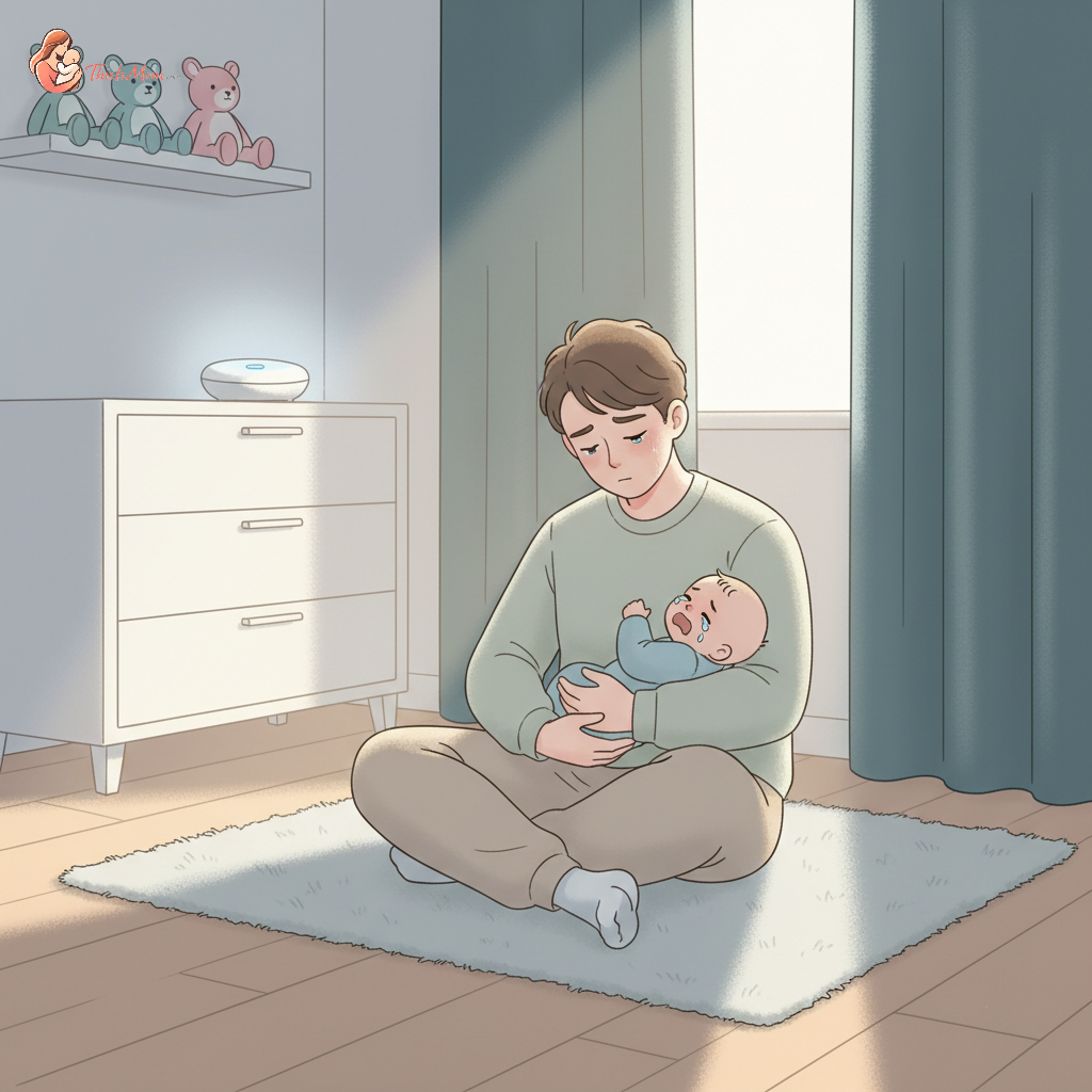 Exhausted parent gently comforting a crying 10-month-old baby in a dimly lit nursery during early morning hours, featuring a white noise machine.