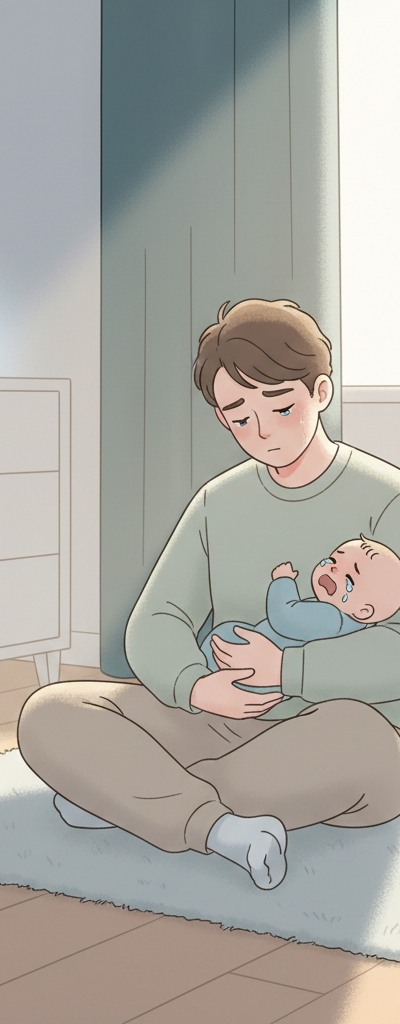 Exhausted parent gently comforting a crying 10-month-old baby in a dimly lit nursery during early morning hours, featuring a white noise machine.