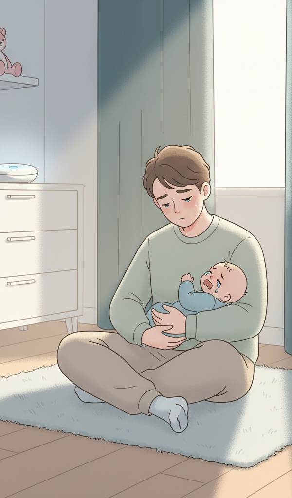 Exhausted parent gently comforting a crying 10-month-old baby in a dimly lit nursery during early morning hours, featuring a white noise machine.