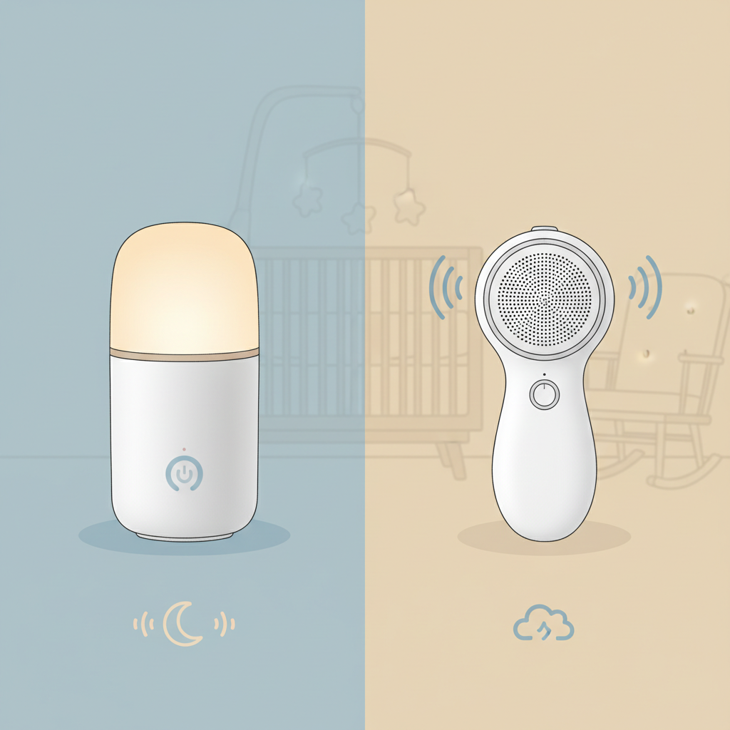 A split image showing the Hatch Rest smart sleep device on one side and the portable Baby Shusher on the other against a soft, blurred nursery background.