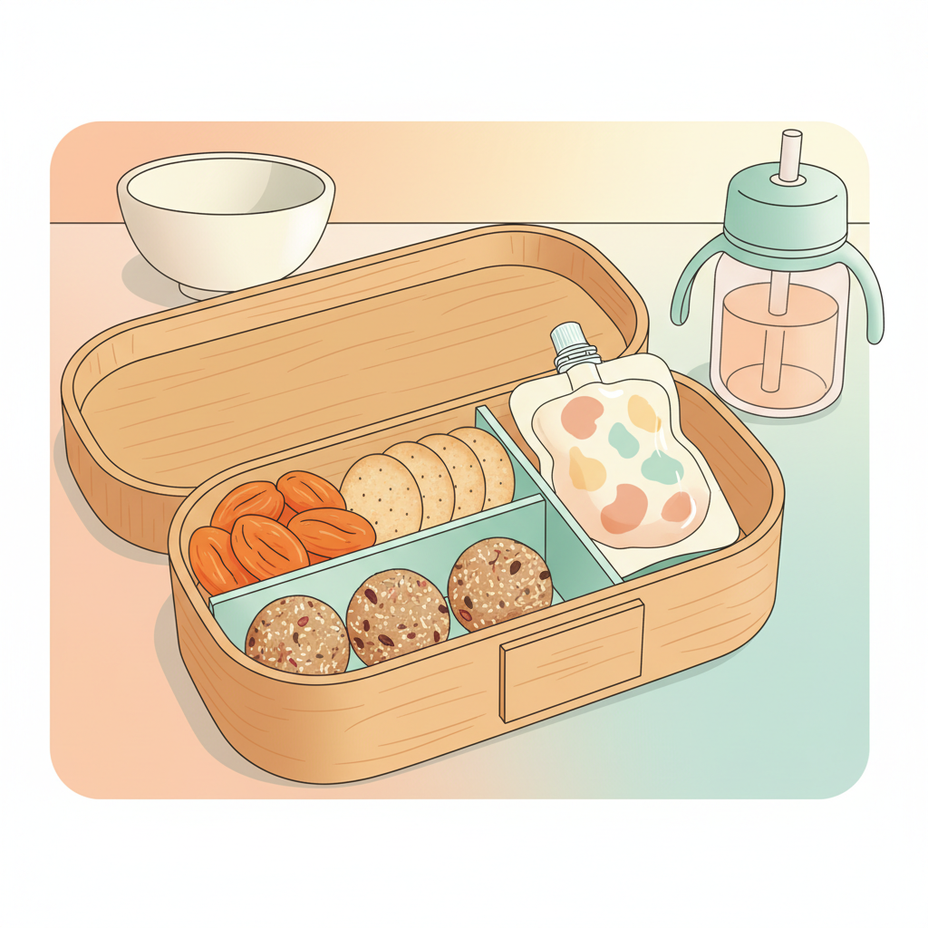 An open bento box filled with a variety of healthy, non-refrigerated toddler snacks like dried fruit, whole grain crackers, and energy bites, ready for daycare.
