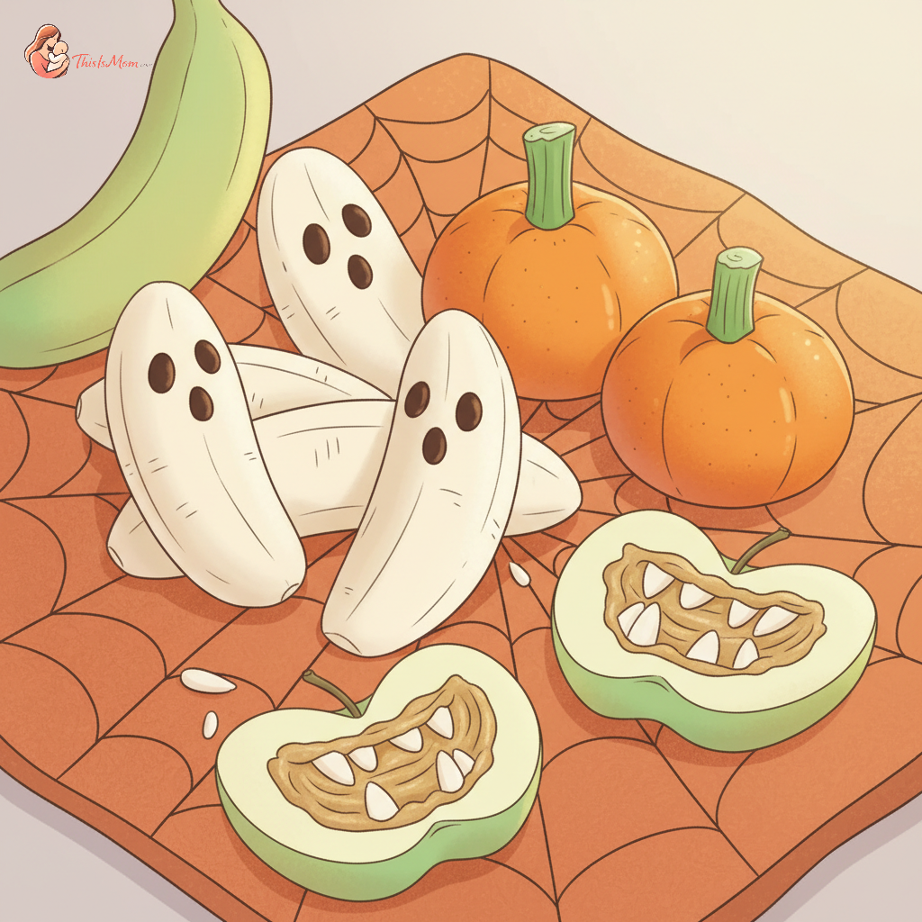 A playful arrangement of healthy Halloween treats for toddlers, including 'ghost' bananas with chocolate chip eyes, 'pumpkin' oranges with celery stems, and 'monster mouth' apple slices, all arranged on a festive orange and black tablecloth.