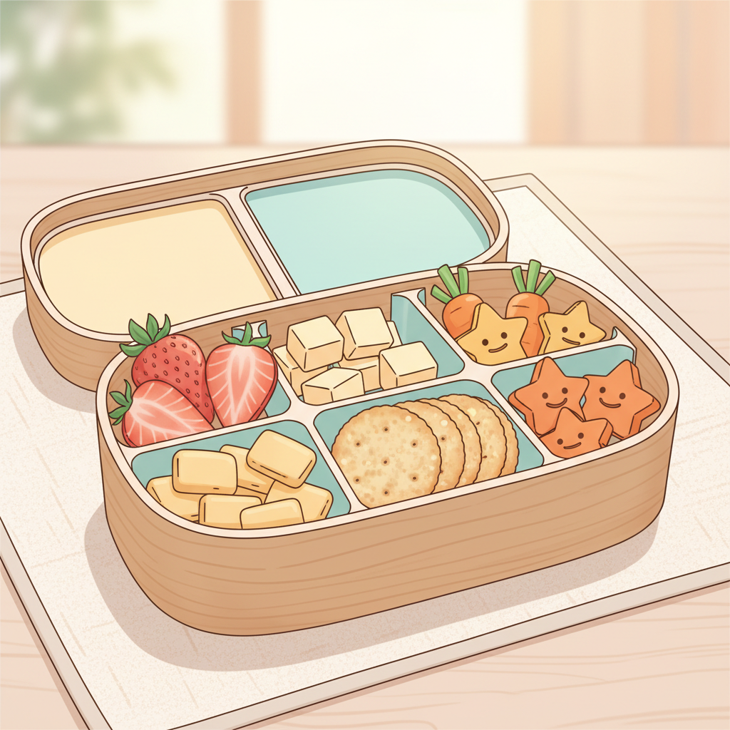 Toddler's lunchbox filled with colorful, healthy snacks like fruit, cheese, and crackers.