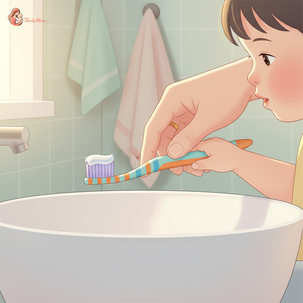 A parent's hands gently guiding a child's small hand holding a bright blue toothbrush over a sink, with a soft, caring interaction, symbolizing guidance in oral hygiene.