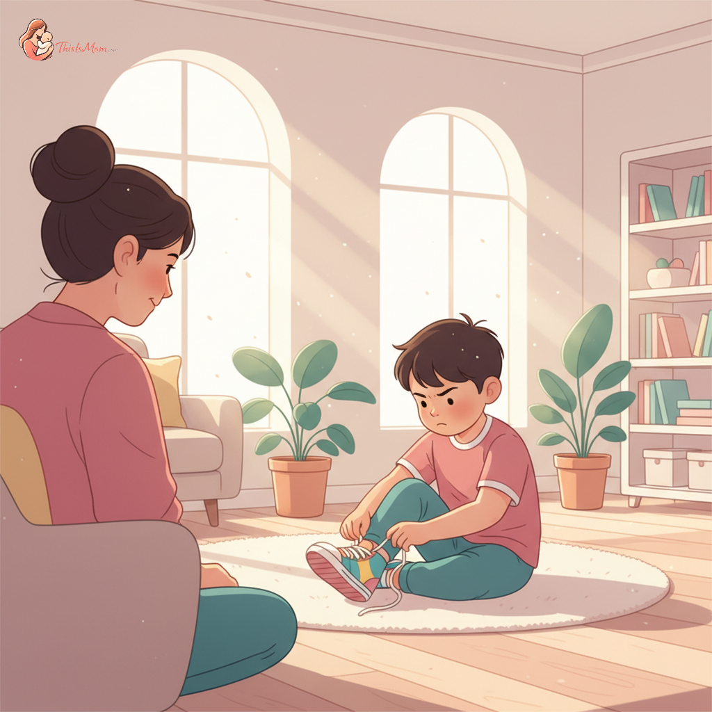 Parent observing their child attempting to tie shoelaces, demonstrating independence and introduced adversity.