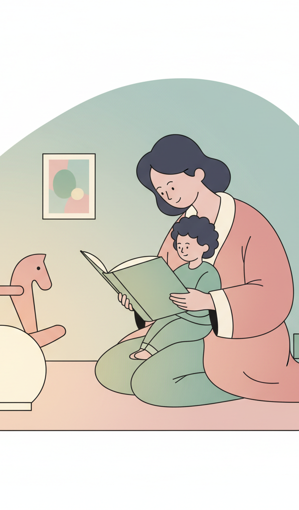A comforting night scene with a parent reading a story to a 3-year-old in a softly lit bedroom, with a gentle night light glowing.