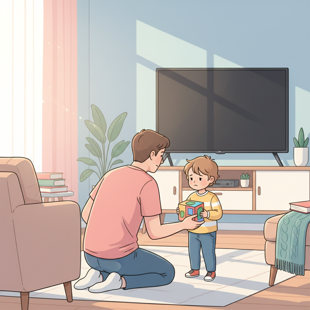 A calm parent kneeling down, gently comforting a 4-year-old child who is looking slightly upset but not in a full tantrum, in a living room with a TV in the background. The child is holding a toy.