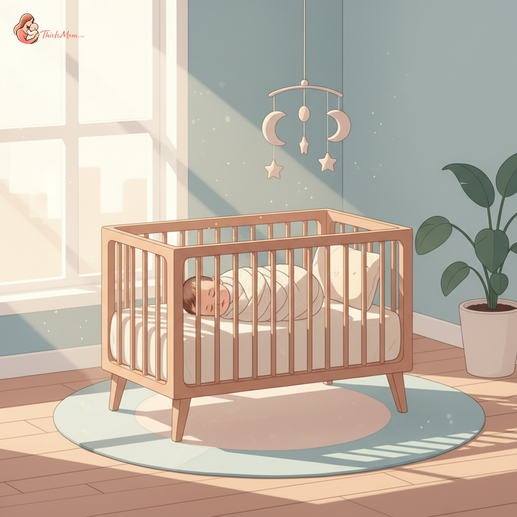 A peaceful baby sleeping soundly in a crib with soft light coming through a window, possibly featuring subtle autumn colors in the background.
