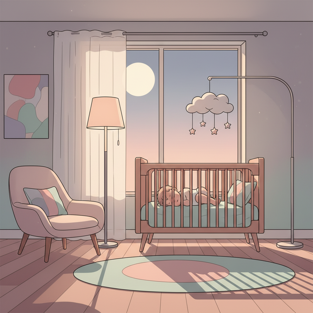 A baby sleeping peacefully in a crib with soft, dim lighting.